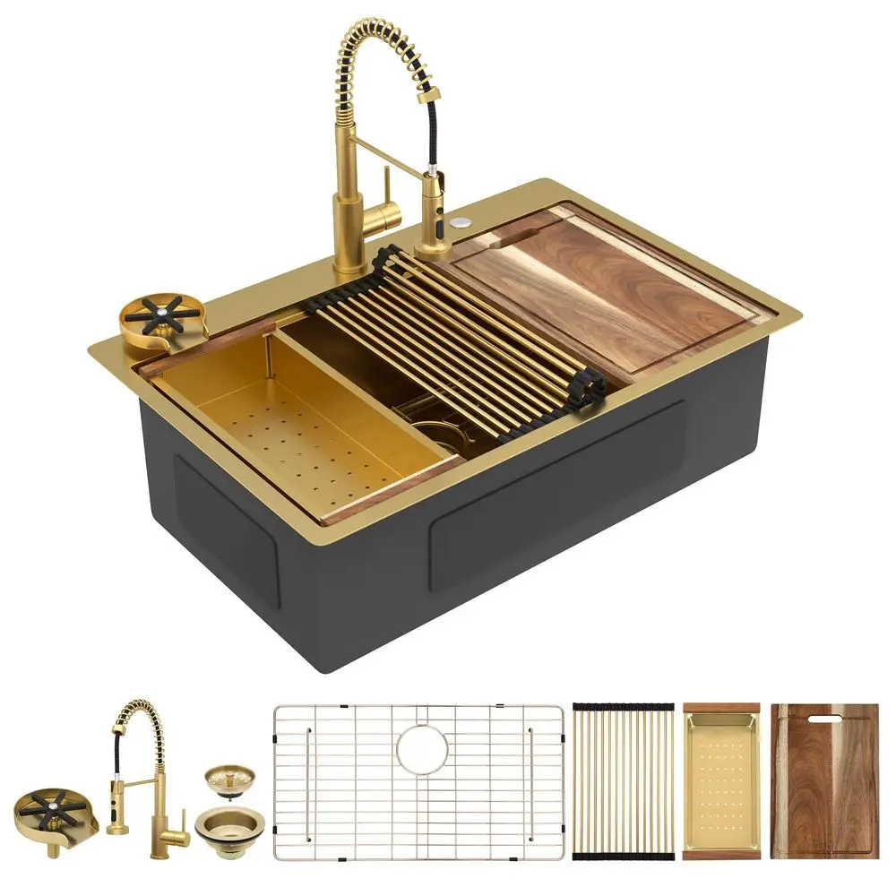 Drop In Kitchen Sink Ledge Workstation Brushed Gold NANOPVD, 16 Gauge 304 Stainless Steel, Single Bowl Top Mount Kitchen Sink w
Drop In Kitchen Sink Ledge Workstation Brushed Gold NANOPVD, 16 Gauge 304 Stainless Steel, Single Bowl Top Mount Kitchen Sink w