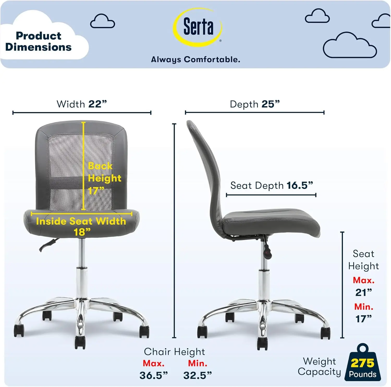 Serta Essential Armless Deskchair, Small Task Chair With Wheels, Breathable Mesh Back, Sertaquality Foam Cushion Seat For
Serta Essential Armless Deskchair, Small Task Chair With Wheels, Breathable Mesh Back, Sertaquality Foam Cushion Seat For