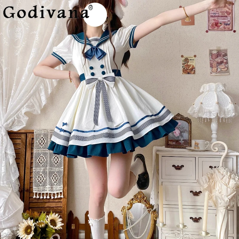 Cute Sailor Collar Lolita Dress Women's Summer Short Sleeved Daily Lolita Op Dress Female High Waist Swinging Cosplay Dress
Cute Sailor Collar Lolita Dress Women's Summer Short Sleeved Daily Lolita Op Dress Female High Waist Swinging Cosplay Dress