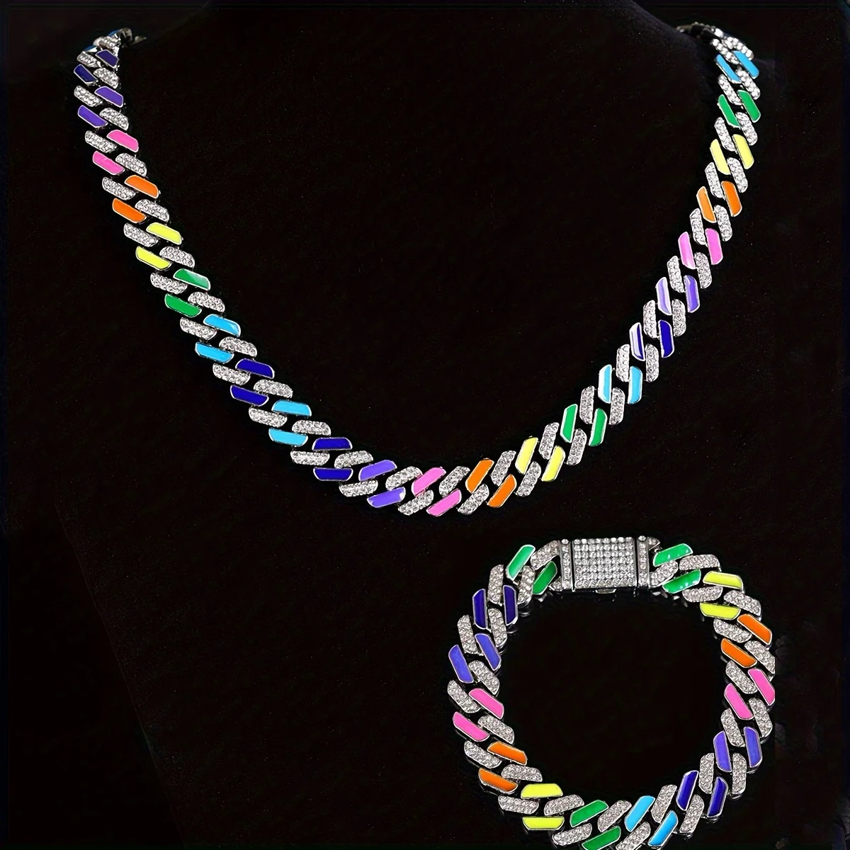 2pcs Rhinestone Hip Hop Style Chain Necklace and Bracelet Set, Colorful Men's Jewelry necklace for women
2pcs Rhinestone Hip Hop Style Chain Necklace and Bracelet Set, Colorful Men's Jewelry necklace for women