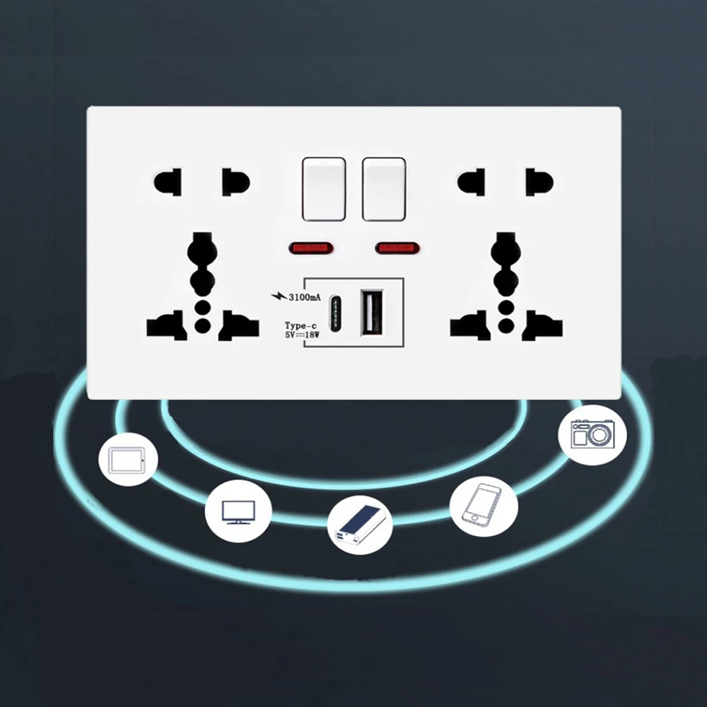 Универсальная розетка типа 146, двойная, с пятью отверстиями, двойной USB PD, разъем типа C для быстрой зарядки
Универсальная розетка типа 146, двойная, с пятью отверстиями, двойной USB PD, разъем типа C для быстрой зарядки