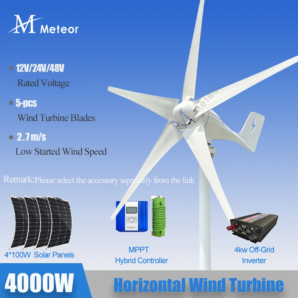 Meteor Horizontal Wind Generator 4000W Turbine 12V 24V 48V Low Noise Medium Windmill Household Small use for Free Energy System
Meteor Horizontal Wind Generator 4000W Turbine 12V 24V 48V Low Noise Medium Windmill Household Small use for Free Energy System