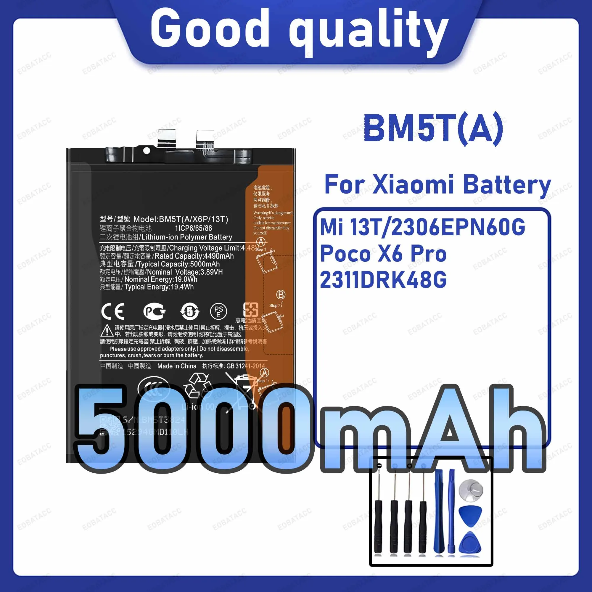 5000mAh BM5T(A) Replacement Battery for Xiaomi Mi 13T/Poco X6 Pro with Repair Tools Kit
5000mAh BM5T(A) Replacement Battery for Xiaomi Mi 13T/Poco X6 Pro with Repair Tools Kit