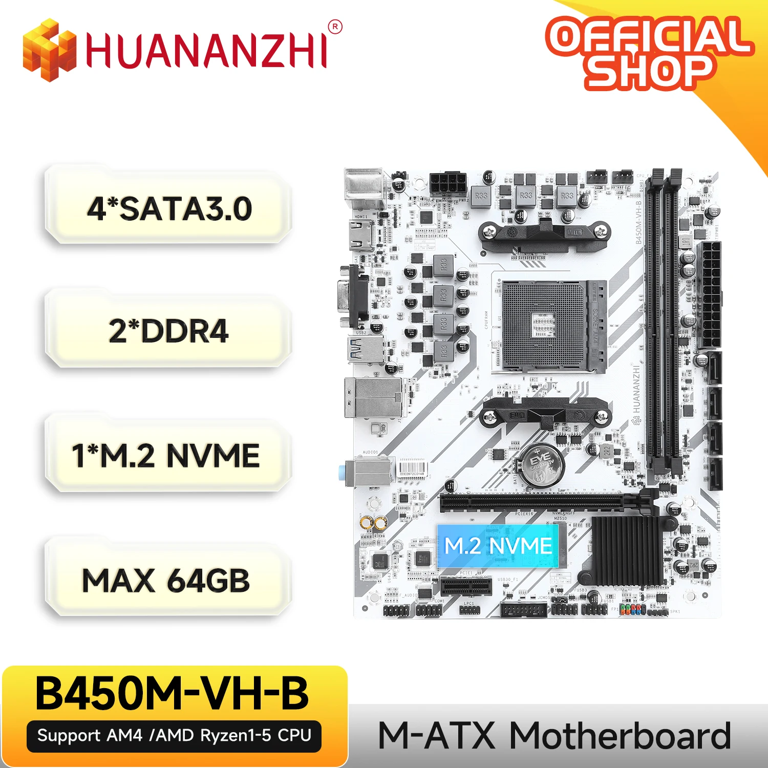 HUANANZHI B450M-VH-B AMD B450 M-ATX Motherboard, Support Ryzen 1-5, Dual DDR4, PCIe 3.0 x16/M.2 NVMe, Onboard Audio/Network
HUANANZHI B450M-VH-B AMD B450 M-ATX Motherboard, Support Ryzen 1-5, Dual DDR4, PCIe 3.0 x16/M.2 NVMe, Onboard Audio/Network