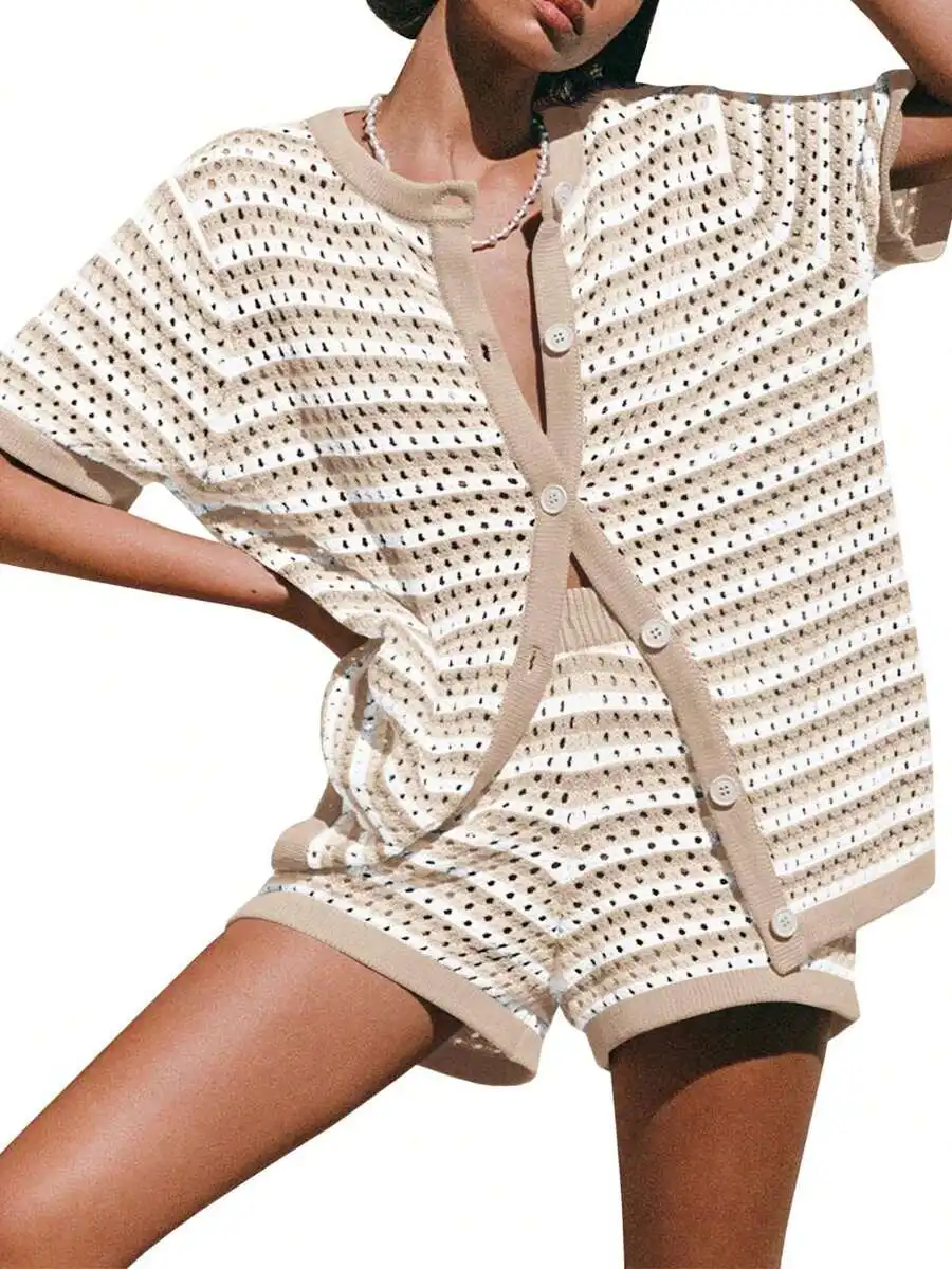 Women Crochet Knit Button Down Top And Shorts Set Beach Cover Up Sheer Striped Summer Outfit
Women Crochet Knit Button Down Top And Shorts Set Beach Cover Up Sheer Striped Summer Outfit