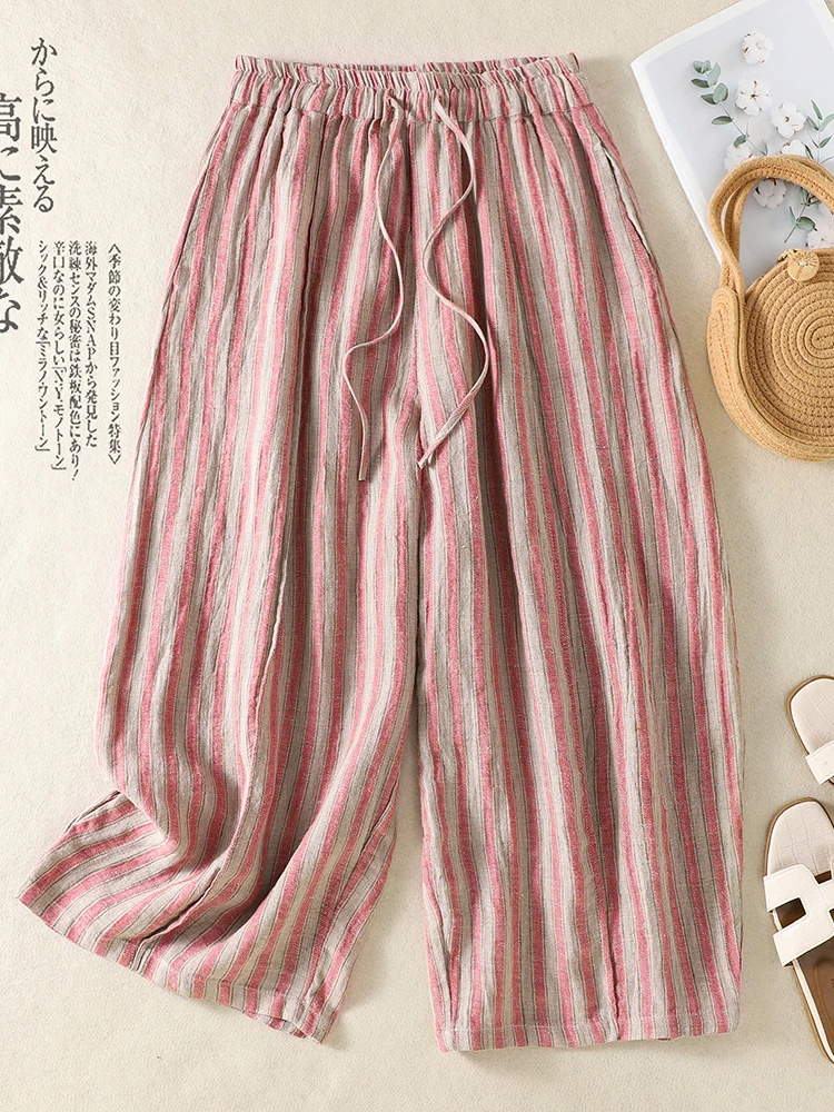 Slimming Effect Nine-Tenths Pants Wide Leg Casual Cotton Trousers for plus Size Women Vintage Striped Elastic Waist Summer
Slimming Effect Nine-Tenths Pants Wide Leg Casual Cotton Trousers for plus Size Women Vintage Striped Elastic Waist Summer