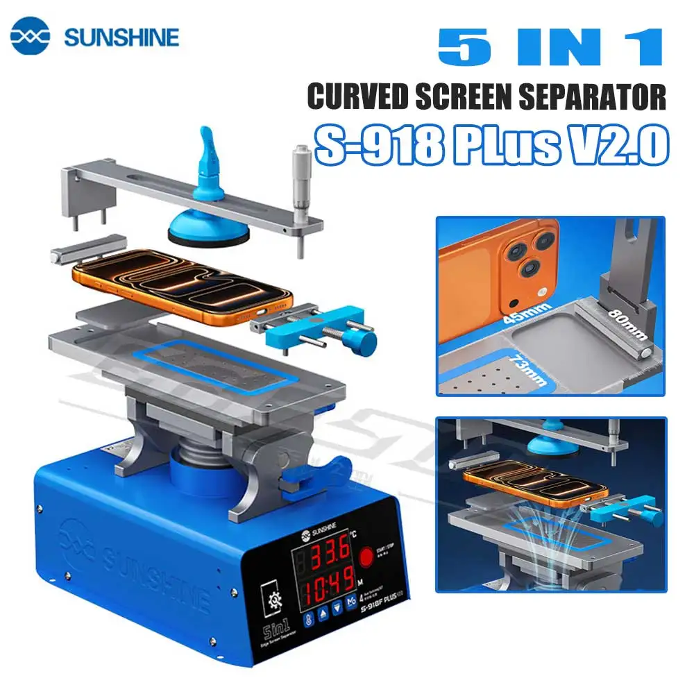 SUNSHINE S-918F Plus V2.0 5 In 1 LCD Screen Separator Curved Straight 360° Rotation Screen Heating Separate Frame Phone Repair
SUNSHINE S-918F Plus V2.0 5 In 1 LCD Screen Separator Curved Straight 360° Rotation Screen Heating Separate Frame Phone Repair