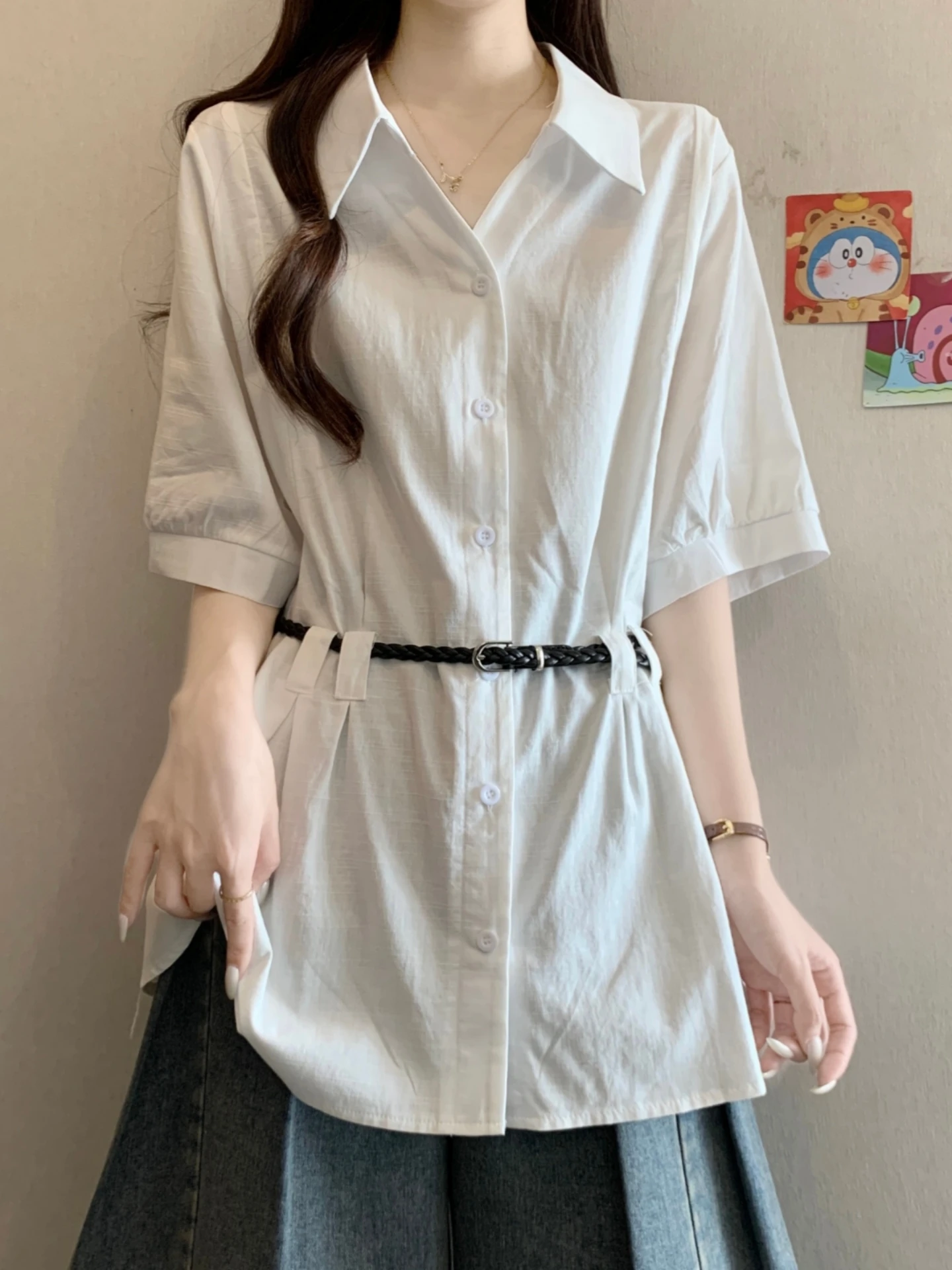 Slimming Effect Collar Short Sleeve White Shirt Women's Summer New Large Size Fat MM Tied Waist Middle Length Top
Slimming Effect Collar Short Sleeve White Shirt Women's Summer New Large Size Fat MM Tied Waist Middle Length Top