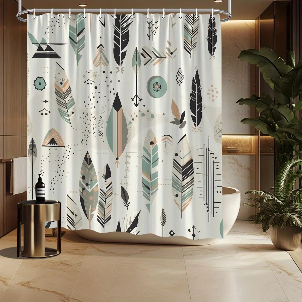 Bohemian Feather & Geometric Shower Curtain - Muted Teal, Beige, Black on Cream, Modern Bathroom Decor
Bohemian Feather & Geometric Shower Curtain - Muted Teal, Beige, Black on Cream, Modern Bathroom Decor