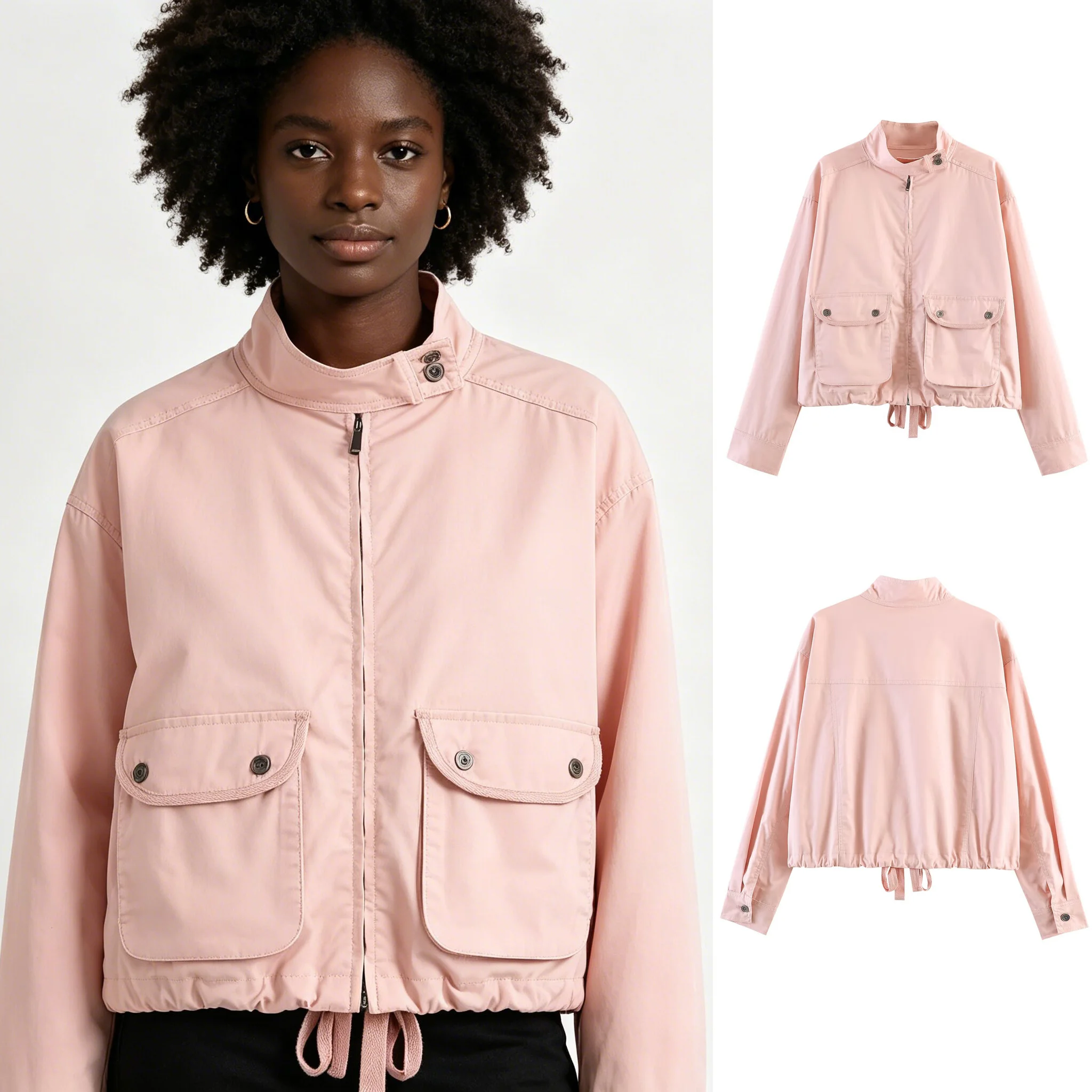 Women's Pink Stand Collar Cropped Jacket Casual Cargo Pocket Drawstring Hem Long Sleeve Outerwear Coat Dusty Pink Cropped Jacket
Women's Pink Stand Collar Cropped Jacket Casual Cargo Pocket Drawstring Hem Long Sleeve Outerwear Coat Dusty Pink Cropped Jacket