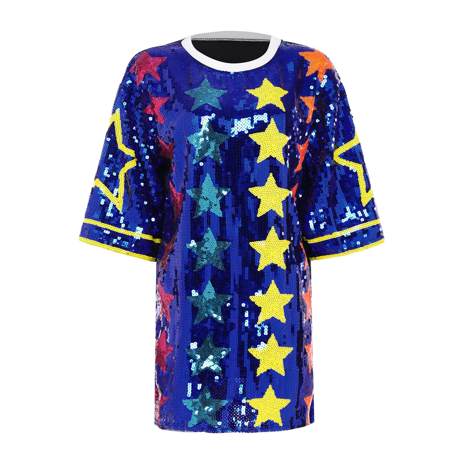 Womens Festival Party Dress Allover Star Sequin Crew Neck Half Sleeve Color Block Oversized T Shirt for Cheerleading Clothing
Womens Festival Party Dress Allover Star Sequin Crew Neck Half Sleeve Color Block Oversized T Shirt for Cheerleading Clothing