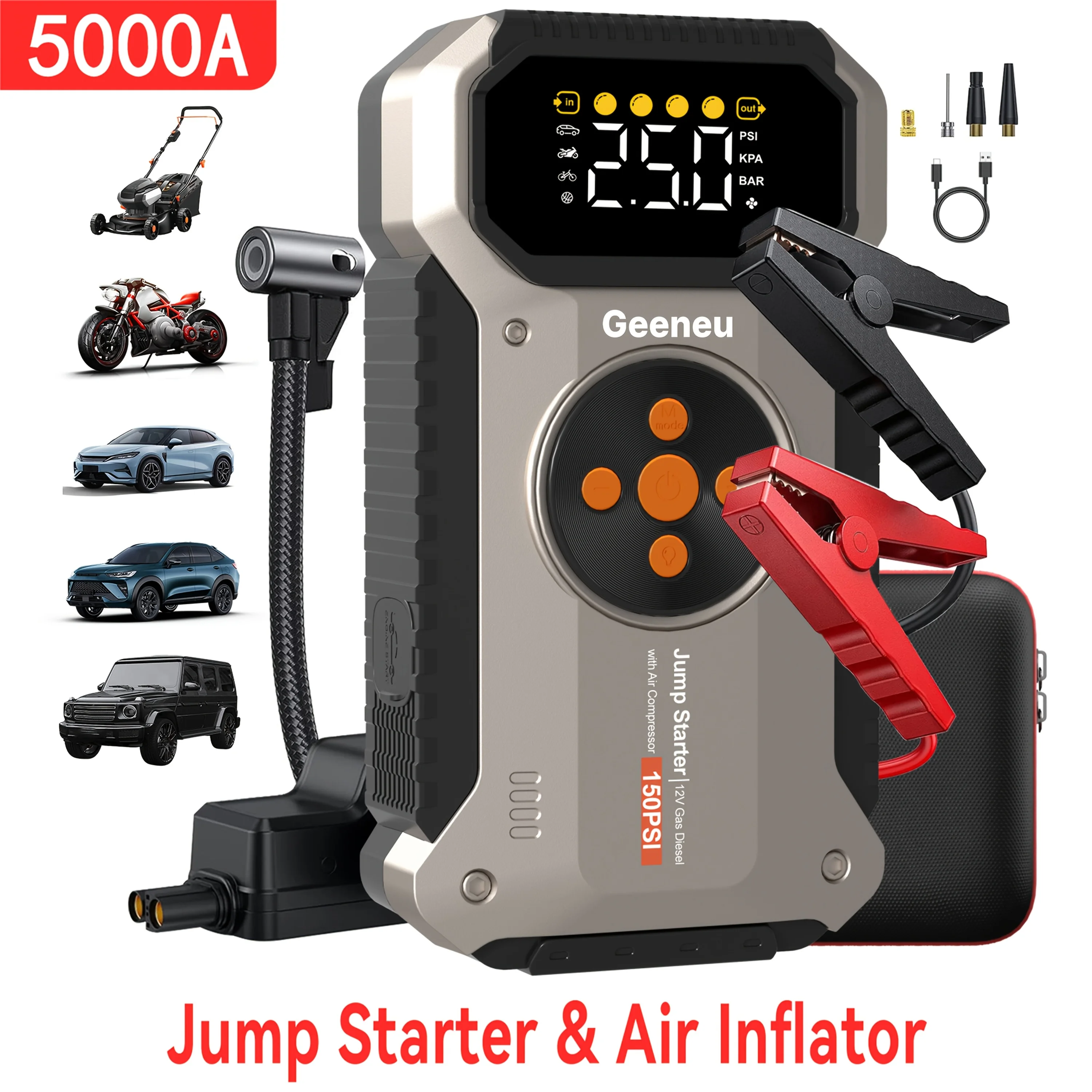 12000mAh Jump Starter for Car, Jump Starter with Air Compressor, Battery Jump Starter Portable5000A Peak 150PSl Digital Tire
12000mAh Jump Starter for Car, Jump Starter with Air Compressor, Battery Jump Starter Portable5000A Peak 150PSl Digital Tire