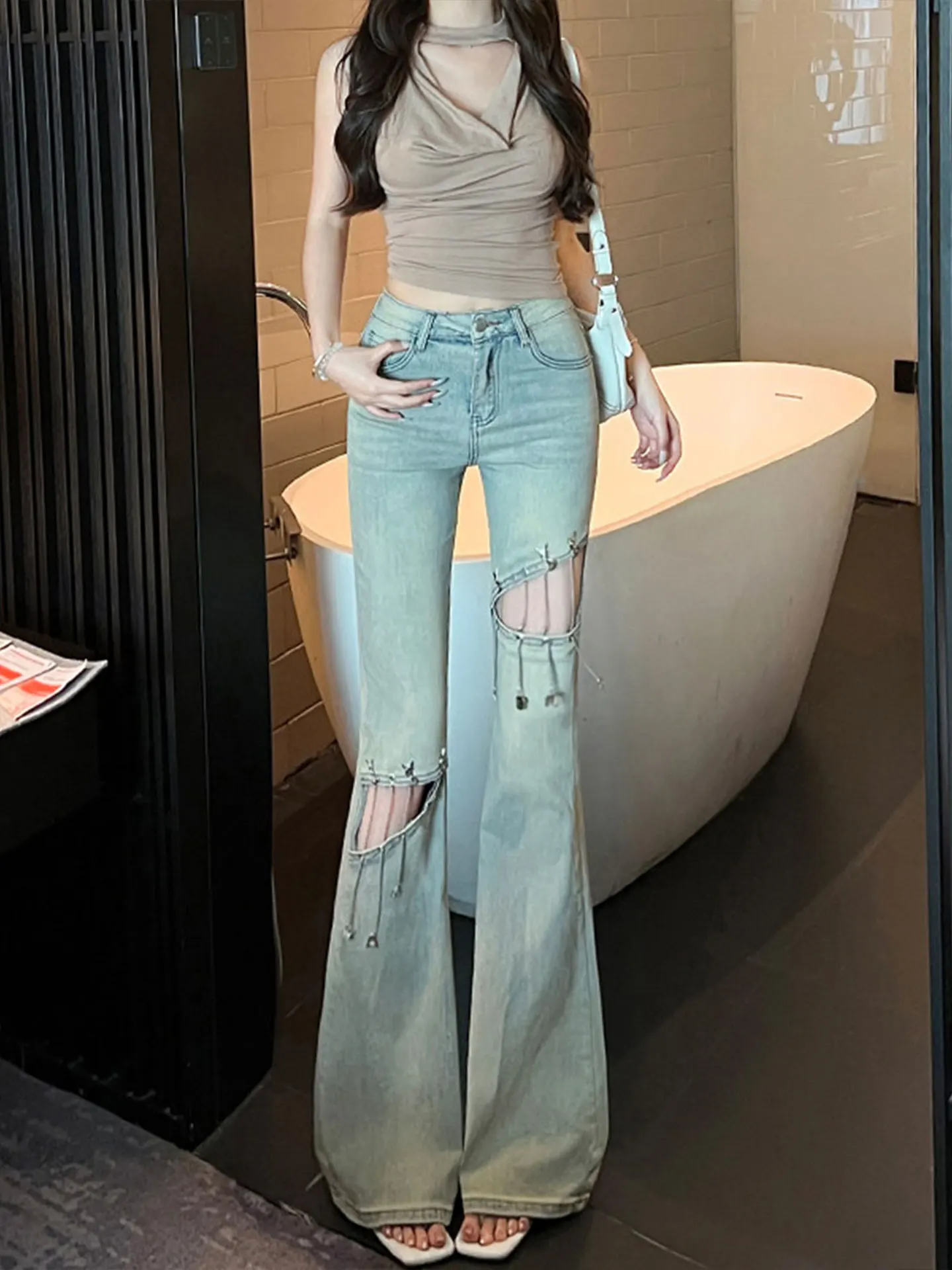 Sexy Spicy Girl High Waist Bell Bottom Jeans Women's Summer Fashionable Worn Washed Outfit Cotton Stretch Denim Skinnies
Sexy Spicy Girl High Waist Bell Bottom Jeans Women's Summer Fashionable Worn Washed Outfit Cotton Stretch Denim Skinnies