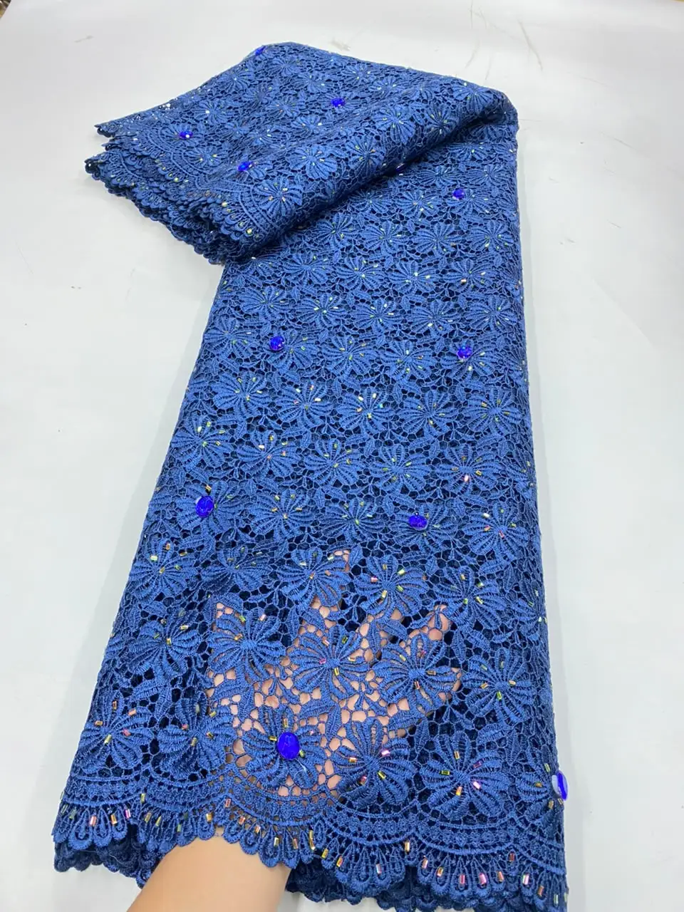 Blue African Guipure Cord Lace Fabric with Stones High Quality Nigerian Guipure Cord Lace for Sewing Wedding Dress 5Yards G130-1
Blue African Guipure Cord Lace Fabric with Stones High Quality Nigerian Guipure Cord Lace for Sewing Wedding Dress 5Yards G130-1