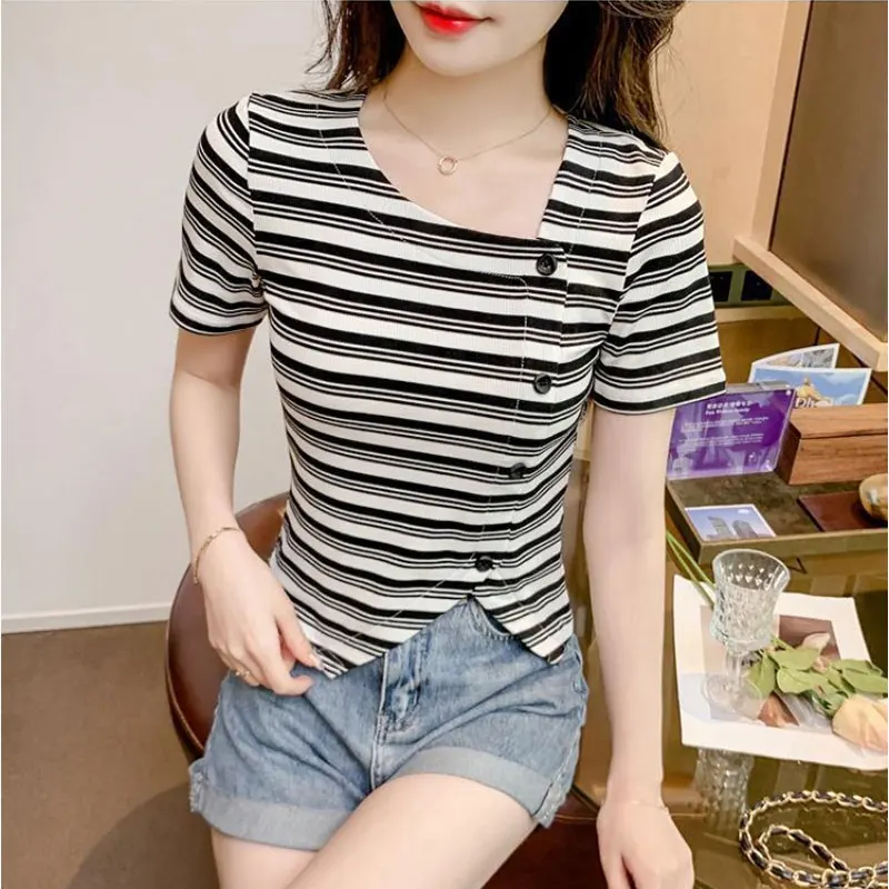 Women Clothes Summer Fashion Simplicity Striped Irregular Short Sleeve T-Shirt Women's Casual Elegant Temperament Slim Tops
Women Clothes Summer Fashion Simplicity Striped Irregular Short Sleeve T-Shirt Women's Casual Elegant Temperament Slim Tops