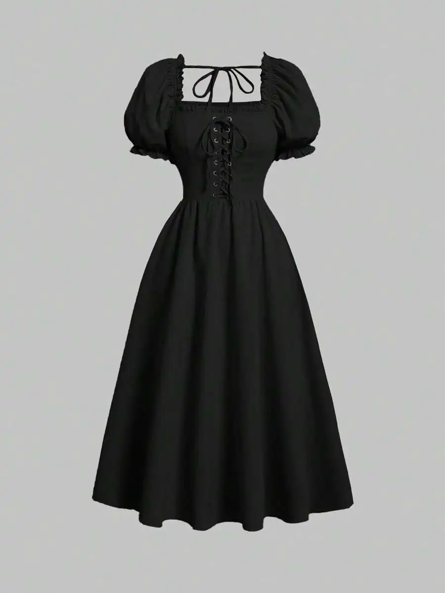 Black Lace Up Front Puff Sleeve A-Line Dress For Prom
Black Lace Up Front Puff Sleeve A-Line Dress For Prom