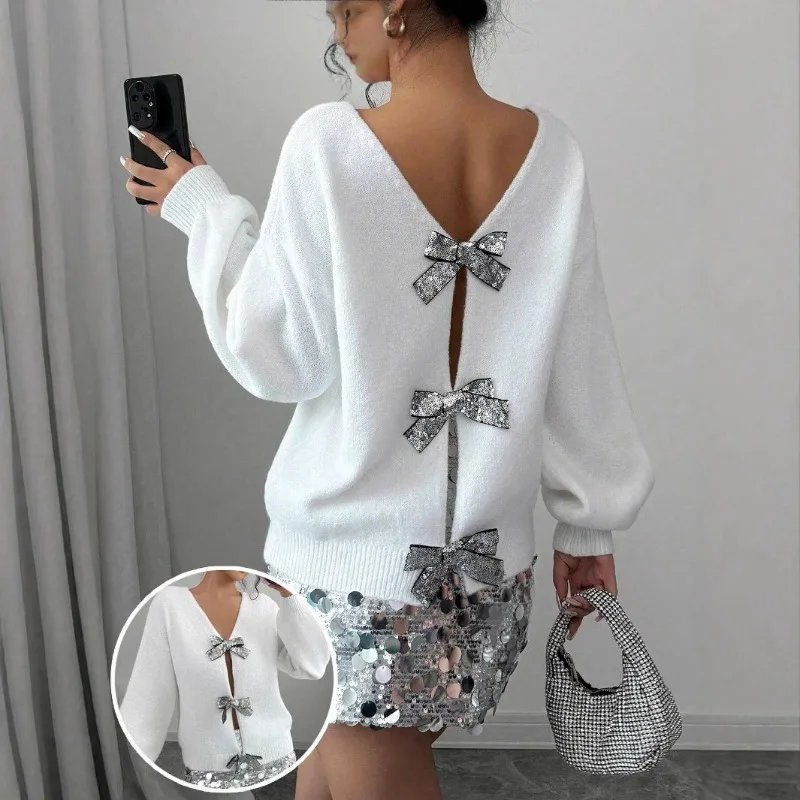 Elegant Big Bow Front and Back Wear V Neck Knitted Top Pullover for Women
Elegant Big Bow Front and Back Wear V Neck Knitted Top Pullover for Women