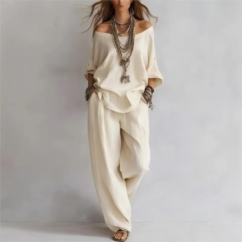 Fashion Casual Women Pants Set One-shoulder Loose 7 Button Sleeve Top + Wide Leg Pants 2 Pieces Set 2026 Summer New Female Suits
Fashion Casual Women Pants Set One-shoulder Loose 7 Button Sleeve Top + Wide Leg Pants 2 Pieces Set 2026 Summer New Female Suits