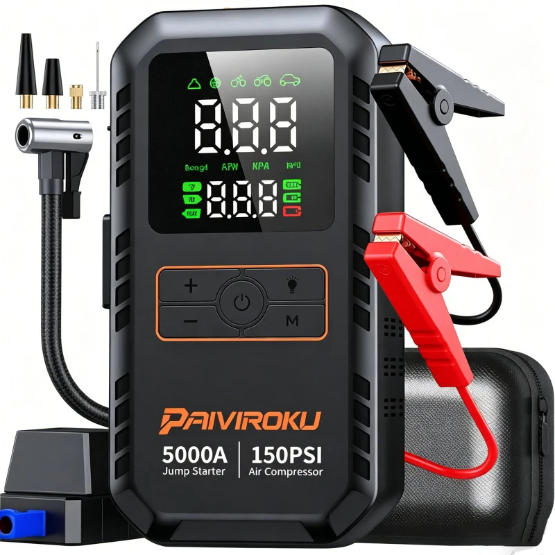4-IN-1 Car Jump Starter with Air Compressor Peak 5000A Auto Battery Booster 150PSI Air Pump Portable Power Bank Tire Inflator
4-IN-1 Car Jump Starter with Air Compressor Peak 5000A Auto Battery Booster 150PSI Air Pump Portable Power Bank Tire Inflator
