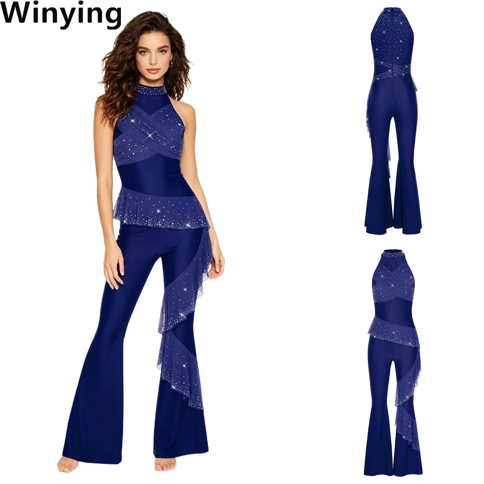 Women Flared Dance Rompers Rhinestone Mesh Overlays Mock Neck Sleeveless Bell Bottoms Jumpsuit for Rumba Disco Modern
Women Flared Dance Rompers Rhinestone Mesh Overlays Mock Neck Sleeveless Bell Bottoms Jumpsuit for Rumba Disco Modern
