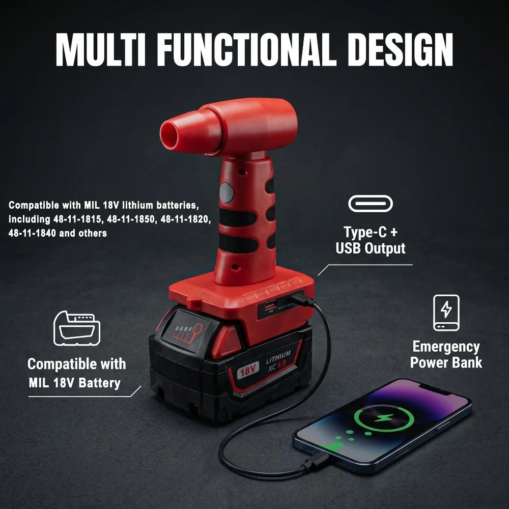 Cordless Air Blower for Milwaukee 18V Battery with Type-C & USB Output Portable Turbo Blower for Dust, Leaves, Car Cleaning
Cordless Air Blower for Milwaukee 18V Battery with Type-C & USB Output Portable Turbo Blower for Dust, Leaves, Car Cleaning