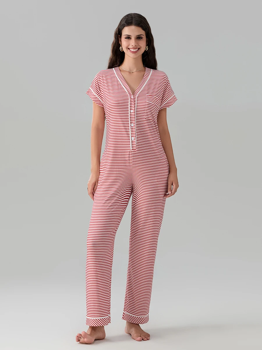 New Fashion Women Summer Pajama Jumpsuits Striped Print V-Neck Short Sleeves Lounge Romper For Soft Sleepwear Hot Sale S M L
New Fashion Women Summer Pajama Jumpsuits Striped Print V-Neck Short Sleeves Lounge Romper For Soft Sleepwear Hot Sale S M L