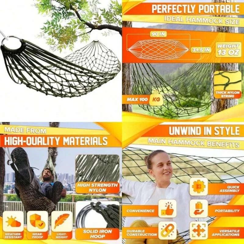 Mesh Hammock - Easy To Set Up Rope Hammocks For Outside Dark Green Color 90x31.5 Nylon Net Hammock Max 100 KG
Mesh Hammock - Easy To Set Up Rope Hammocks For Outside Dark Green Color 90x31.5 Nylon Net Hammock Max 100 KG