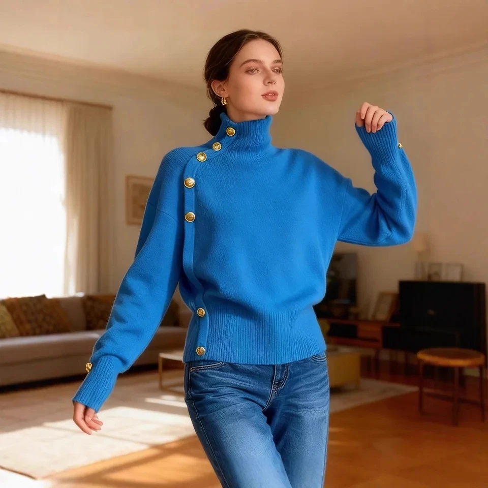 roupas feminina High neck knitted solid color button decoration sweater women's long sleeved new pullover sweater 2025 knitwears
roupas feminina High neck knitted solid color button decoration sweater women's long sleeved new pullover sweater 2025 knitwears