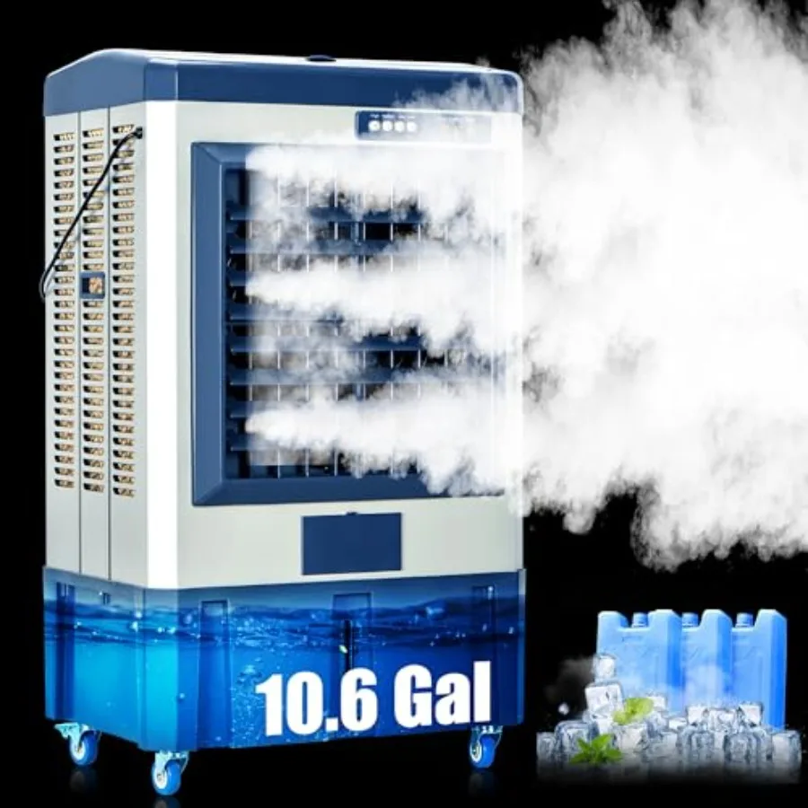 Swamp Cooler for patio garage indoor outdoor use, blue evaporative air cooler with auto-fill tank ice packs, 3 speeds, 120 osci
Swamp Cooler for patio garage indoor outdoor use, blue evaporative air cooler with auto-fill tank ice packs, 3 speeds, 120 osci