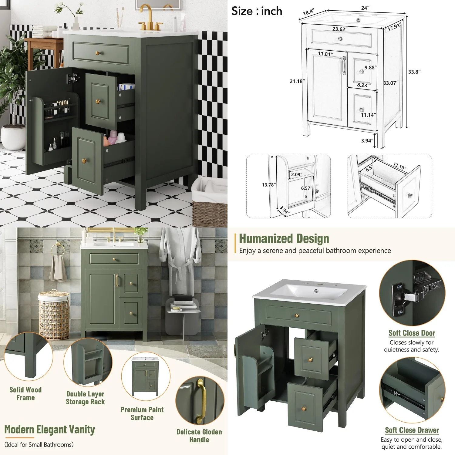 24in Bathroom Vanity Ceramic Sink Soft Close Door 2 Drawers Door Storage Racks Green Customized
24in Bathroom Vanity Ceramic Sink Soft Close Door 2 Drawers Door Storage Racks Green Customized