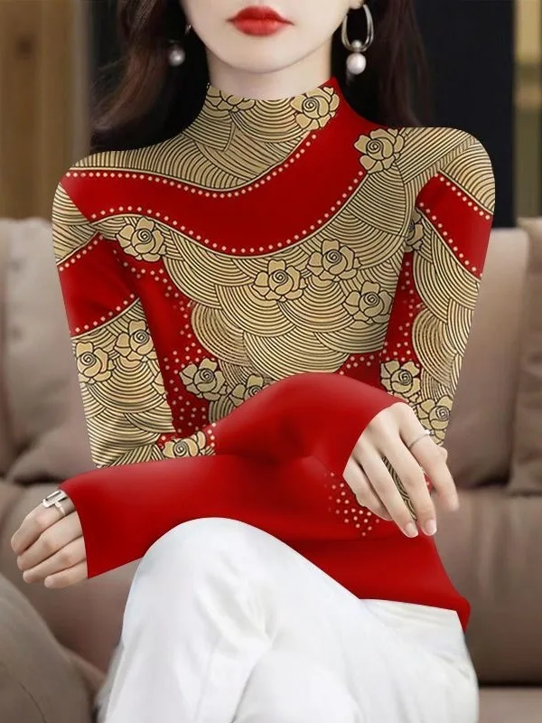 Warm Thermal Long Sleeve Printed Base Shirt Women's Loose Fit High Collar Chinese Style Mom Clothes Polyester Fiber T-Shirt
Warm Thermal Long Sleeve Printed Base Shirt Women's Loose Fit High Collar Chinese Style Mom Clothes Polyester Fiber T-Shirt