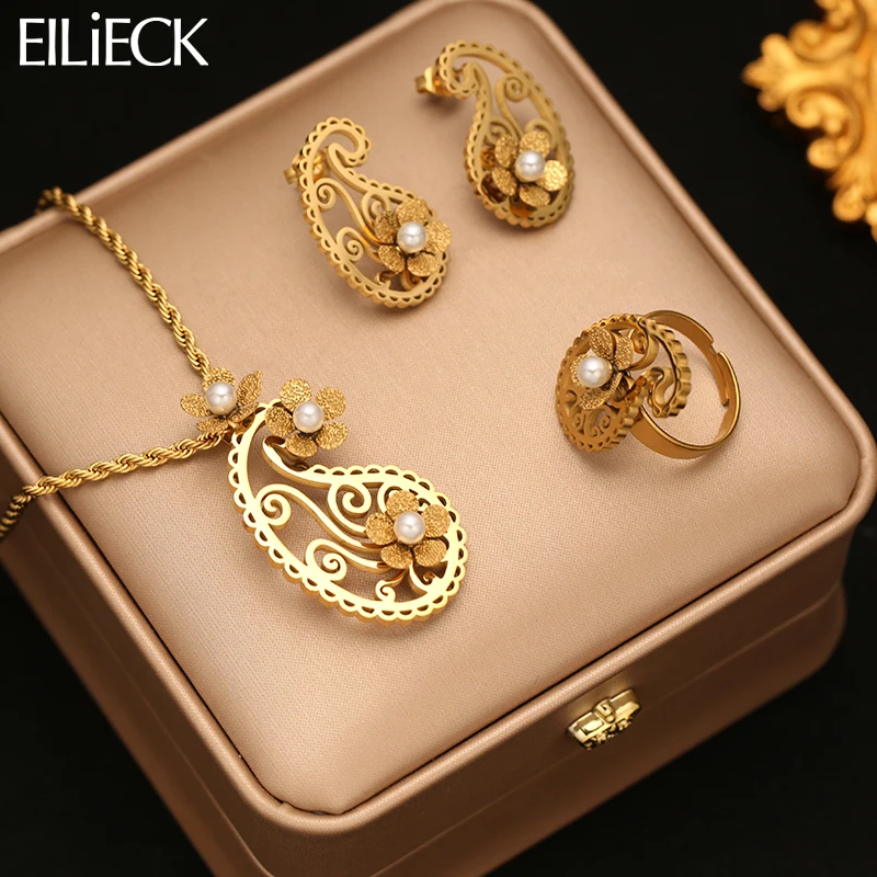 EILIECK 316L Stainless Steel Golden Cashew Flower Pearl Necklace Earrings Ring Set For Women Texture Trendy Waterproof Jewelry
EILIECK 316L Stainless Steel Golden Cashew Flower Pearl Necklace Earrings Ring Set For Women Texture Trendy Waterproof Jewelry