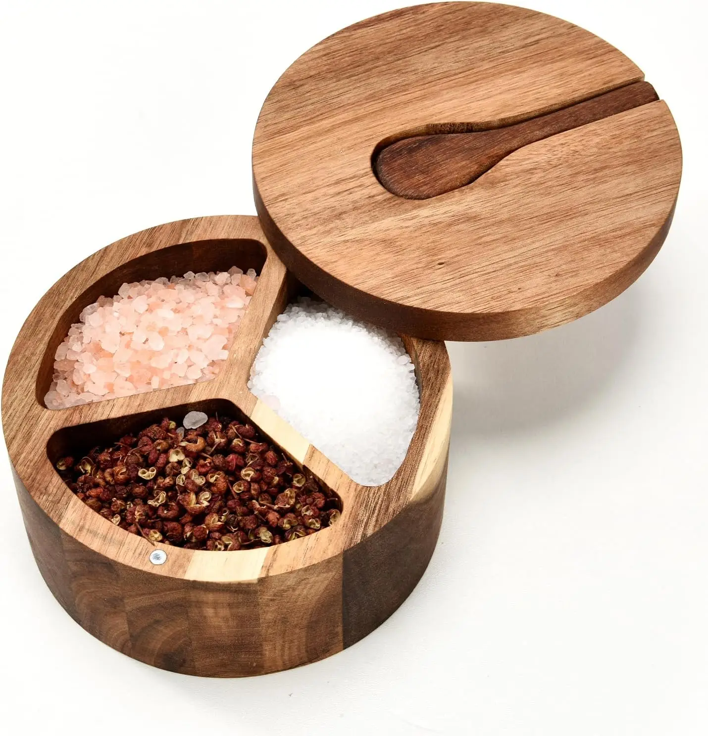 Acacia Wood Salt and Pepper Box with 3 Compartments, Magnetic Lid and Spoon for Kitchen Countertop
Acacia Wood Salt and Pepper Box with 3 Compartments, Magnetic Lid and Spoon for Kitchen Countertop