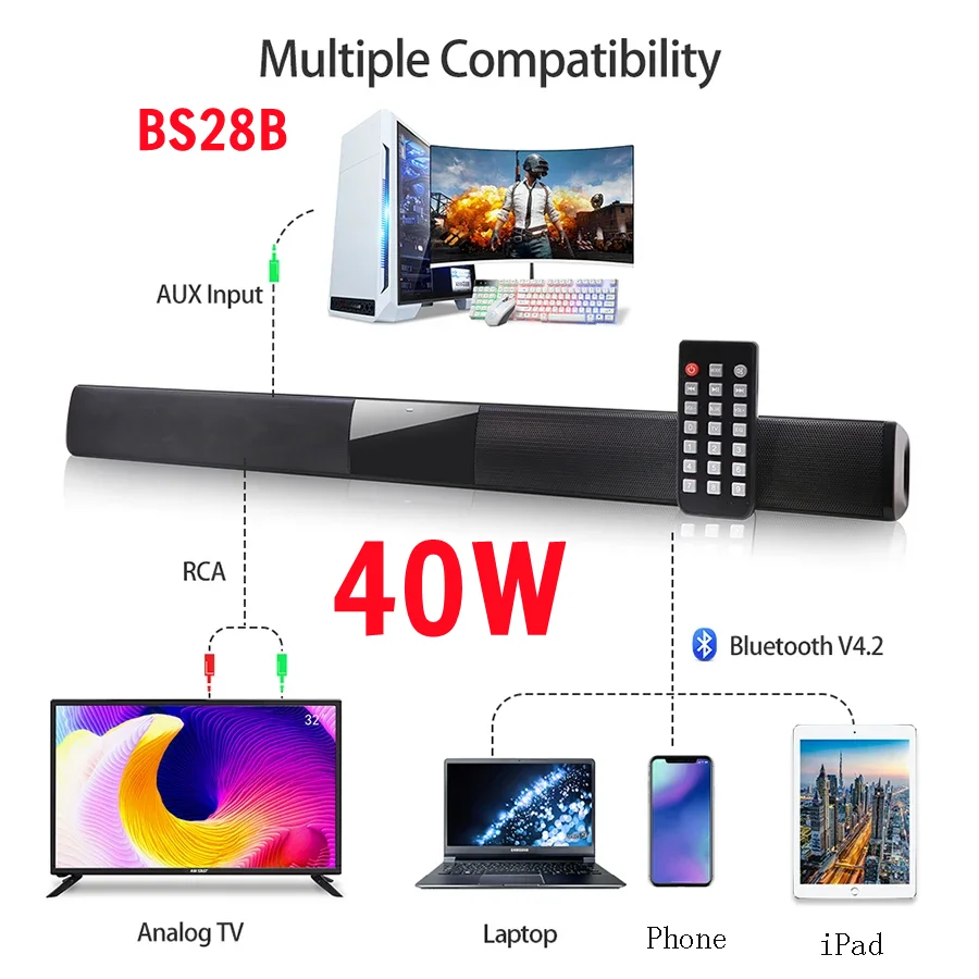 Soundbar Speakers Bluetooth 4.2 Stereo Soundbar Surround Sound Home Cinema with Remote Control Support AUX TF-Card TV Soundbar
Soundbar Speakers Bluetooth 4.2 Stereo Soundbar Surround Sound Home Cinema with Remote Control Support AUX TF-Card TV Soundbar