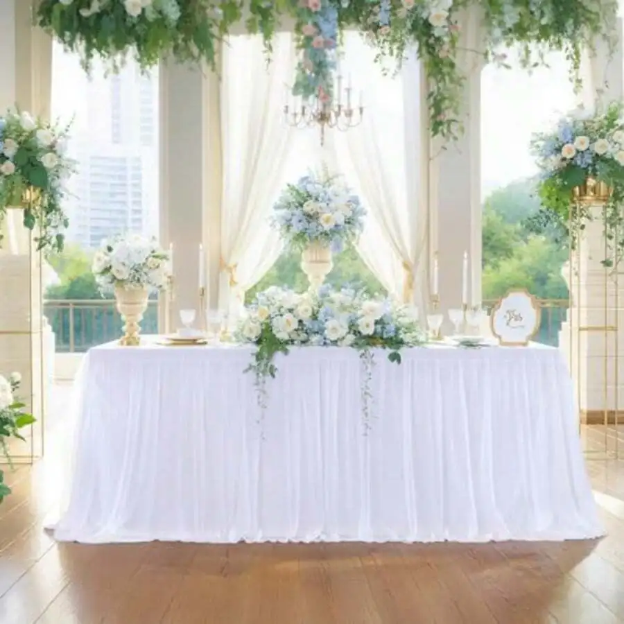 Sheer Ruffled Table Skirt with Lining, Fits Rectangular & Round Tables for Weddings, Parties
Sheer Ruffled Table Skirt with Lining, Fits Rectangular & Round Tables for Weddings, Parties