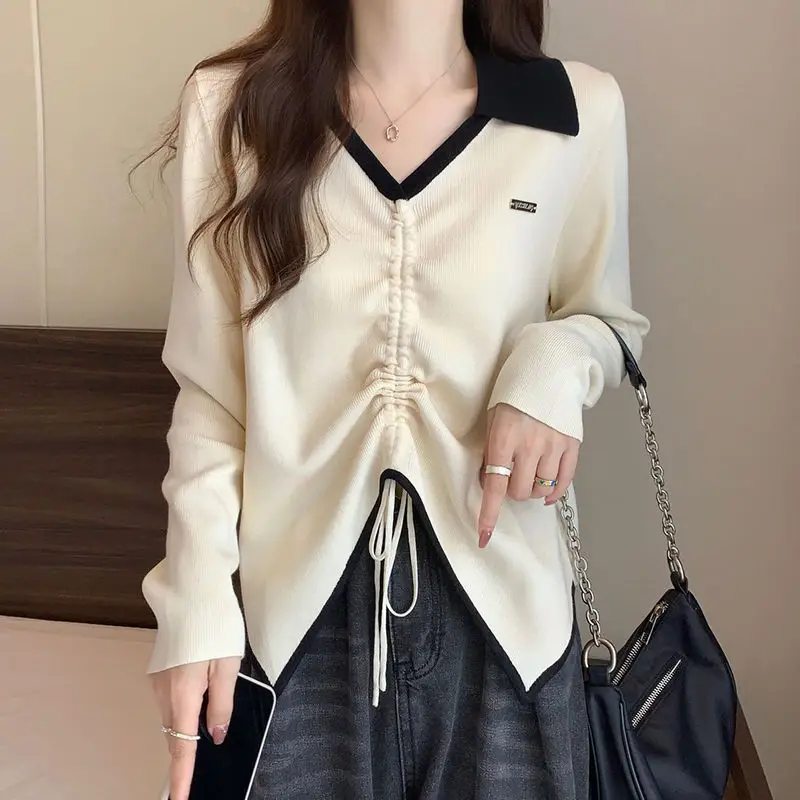 Fashion Irregular Drawstring Pullovers Spring Autumn Contrasting Colors Spliced Women's Clothing Casual Lapel Shirring T-shirt
Fashion Irregular Drawstring Pullovers Spring Autumn Contrasting Colors Spliced Women's Clothing Casual Lapel Shirring T-shirt