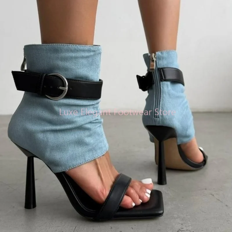 Patchwork Denim Belt Buckle Square Toe Sandals Women Strappy Back Zipper Thin Heel Ankle Boots Fashion Trendy Party Shoes New
Patchwork Denim Belt Buckle Square Toe Sandals Women Strappy Back Zipper Thin Heel Ankle Boots Fashion Trendy Party Shoes New