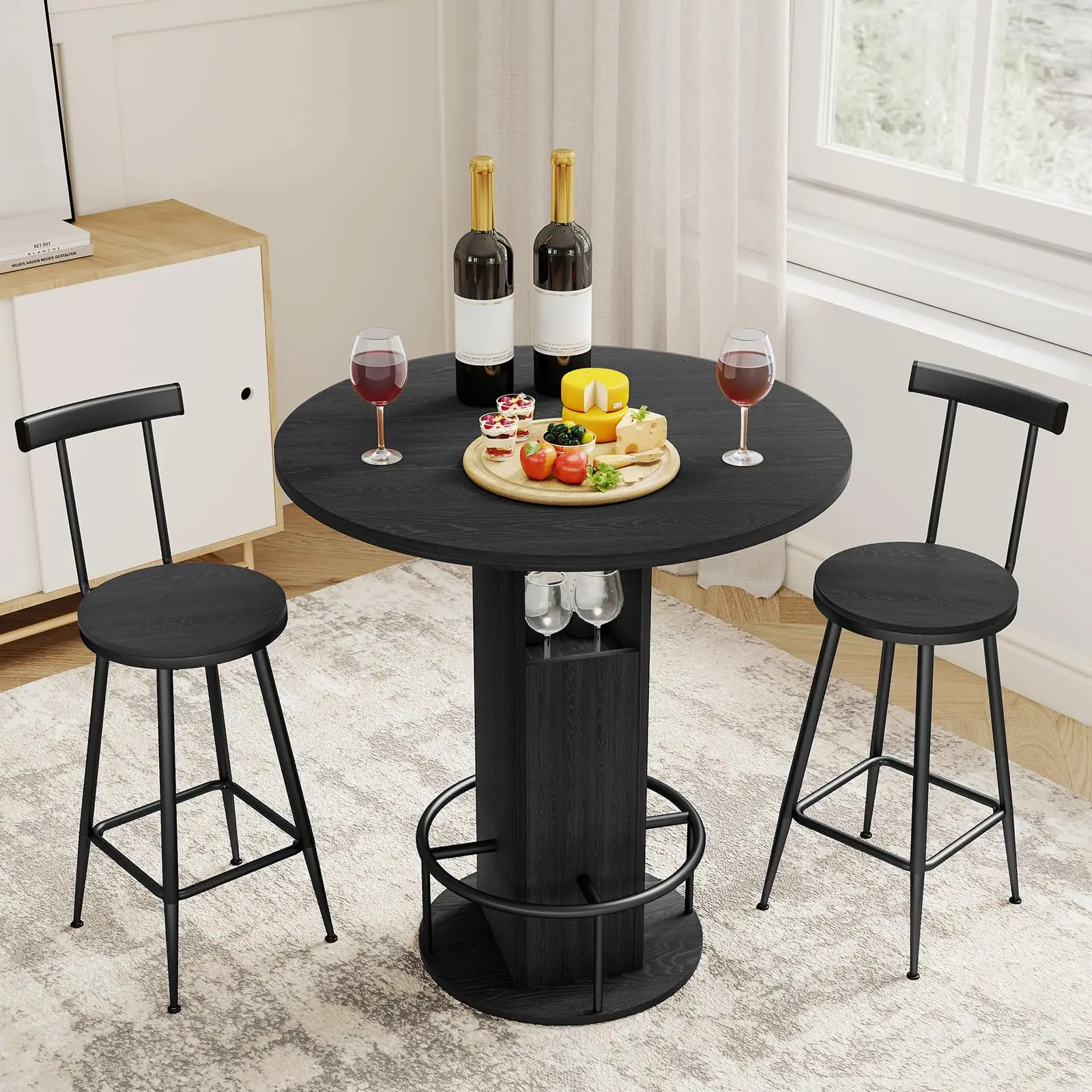 3-Piece Round Bar Table Set With 2 Stools Black Kitchen Bistro Table For Small Space
3-Piece Round Bar Table Set With 2 Stools Black Kitchen Bistro Table For Small Space