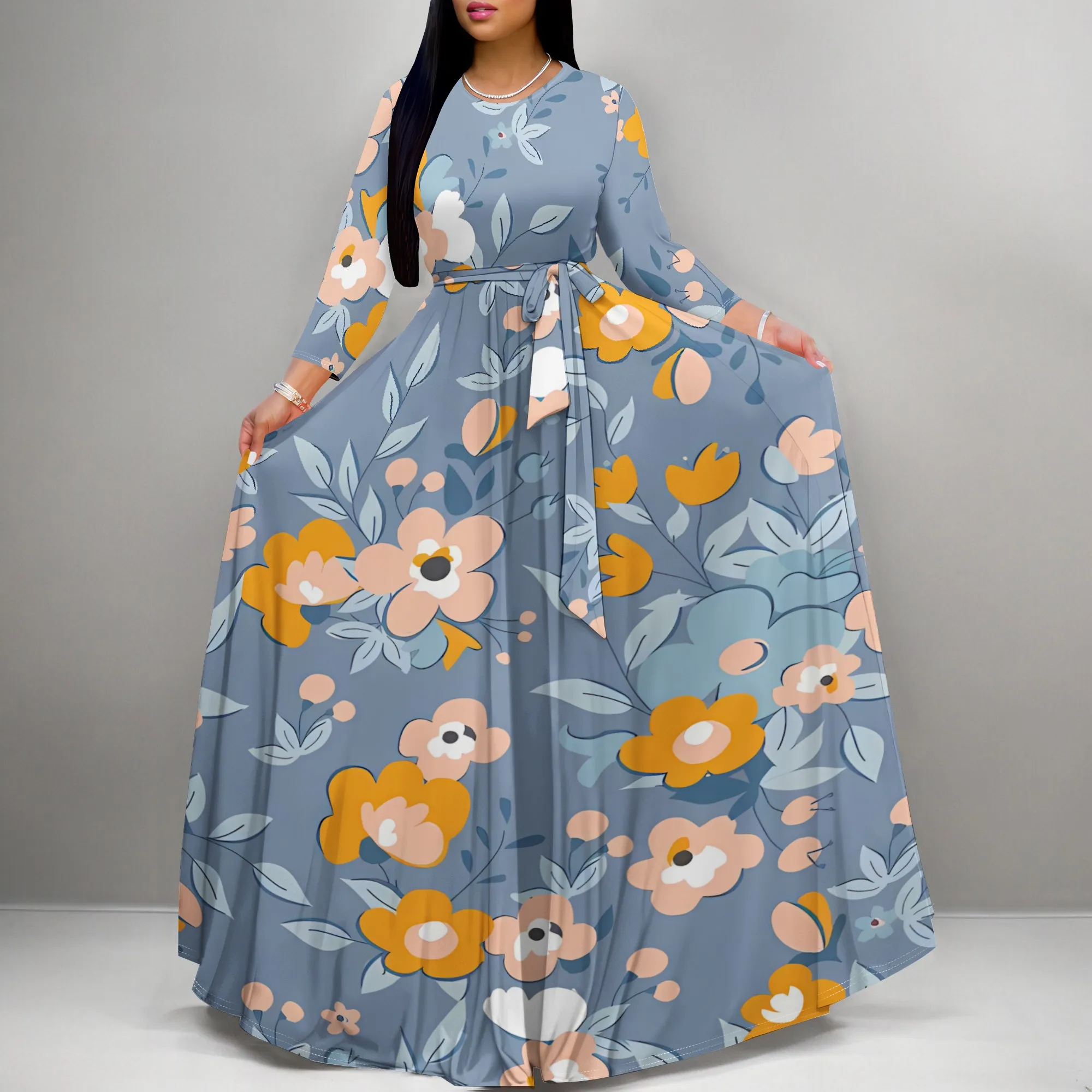 Women's Elegant Long Sleeve Floral Dress, Vintage Belted Maxi Dress, Casual Fashion
Women's Elegant Long Sleeve Floral Dress, Vintage Belted Maxi Dress, Casual Fashion