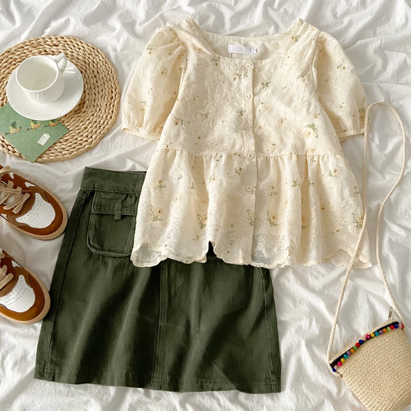 Korean Style Floral Bubble Short Sleeve Square Collar Shirt Women's Denim Skirt Set Summer Small Size Two Piece Set
Korean Style Floral Bubble Short Sleeve Square Collar Shirt Women's Denim Skirt Set Summer Small Size Two Piece Set