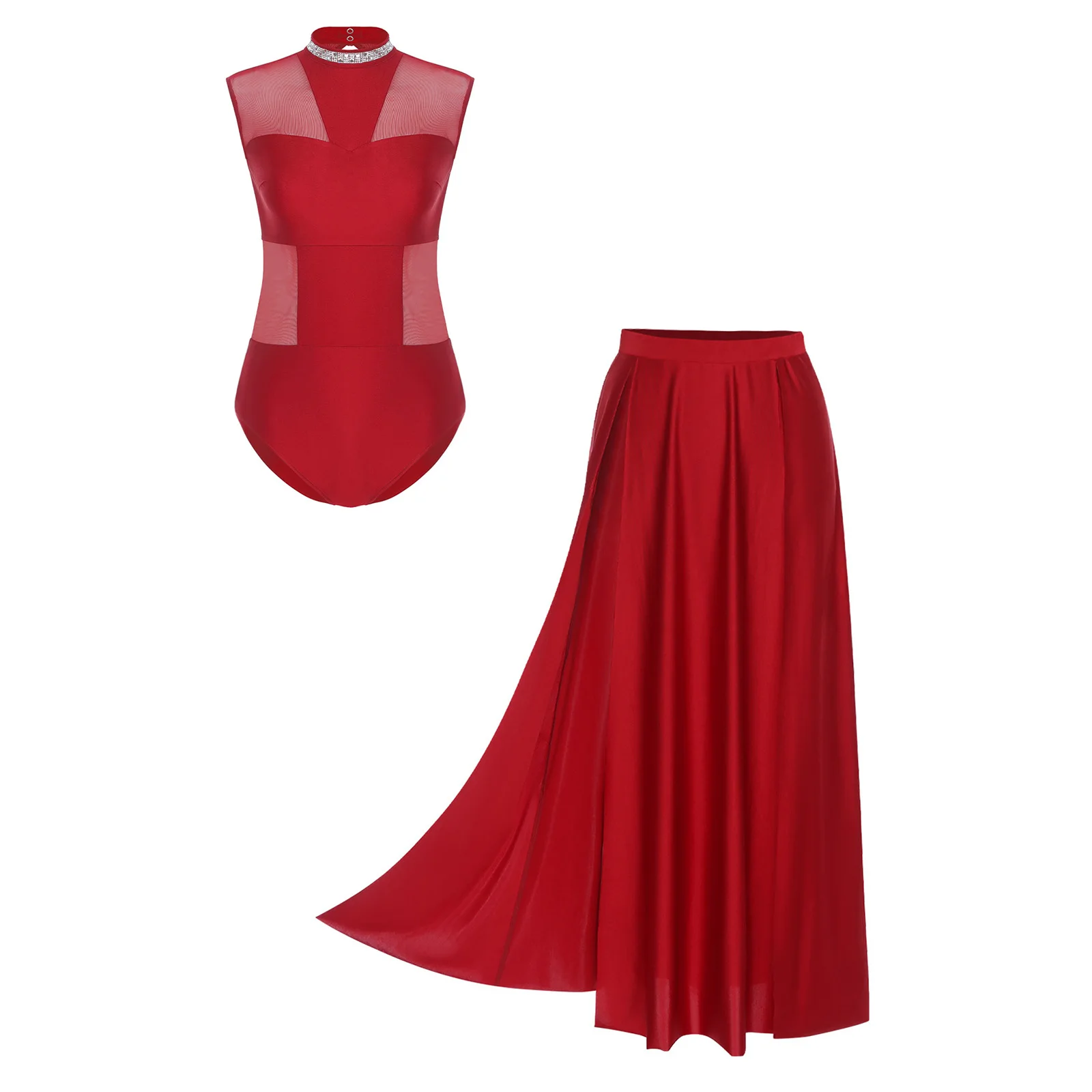 Women Lyrical Dance Outfit Glittering Collar Mesh Backless Leotard Bodysuit And Slit Hem Maxi Skirt for Modern Dance Performance
Women Lyrical Dance Outfit Glittering Collar Mesh Backless Leotard Bodysuit And Slit Hem Maxi Skirt for Modern Dance Performance