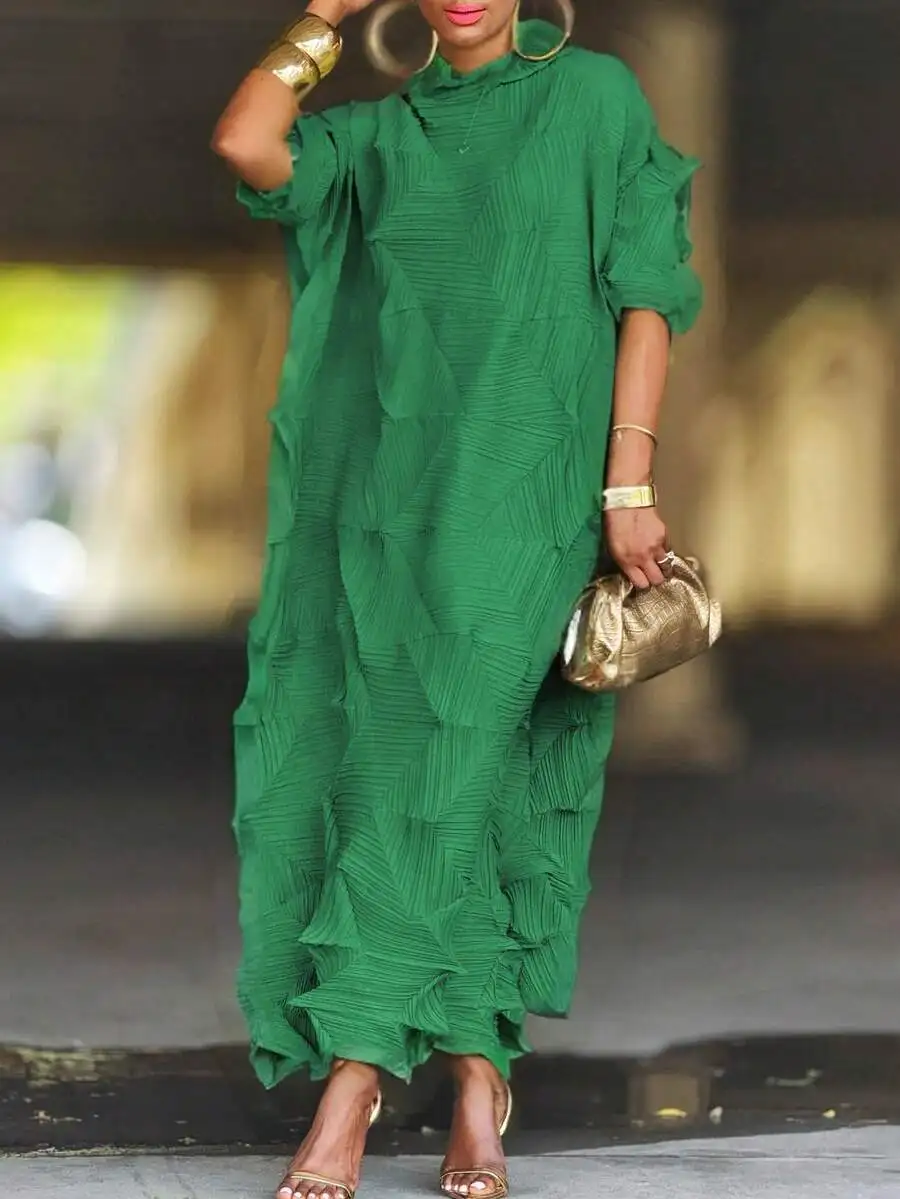 Womens Green Textured Pleated Maxi Dress With Ruffled Design, High Elastic Fabric, Mid Neck, Mid Sleeve
Womens Green Textured Pleated Maxi Dress With Ruffled Design, High Elastic Fabric, Mid Neck, Mid Sleeve