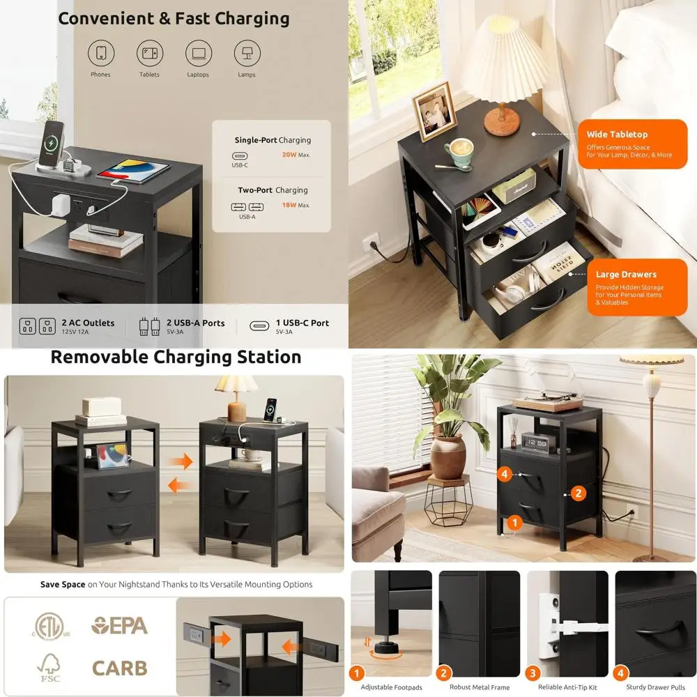 Bedroom Charging Nightstand with Open Shelf & Fabric Drawers, USB-C Port, Black
Bedroom Charging Nightstand with Open Shelf & Fabric Drawers, USB-C Port, Black