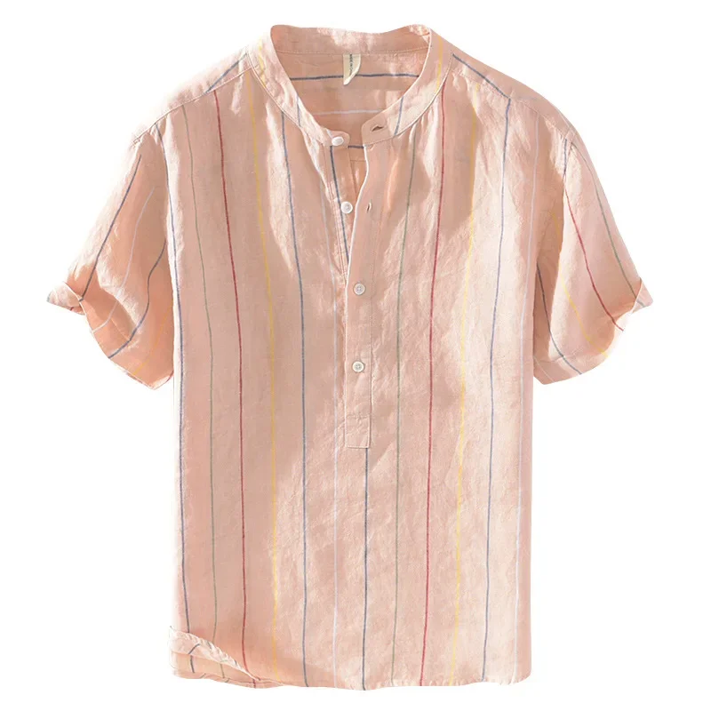 Pure linen men's striped short sleeved shirt, youth standing collar pullover shirt, simple and easy to wear casual shirt
Pure linen men's striped short sleeved shirt, youth standing collar pullover shirt, simple and easy to wear casual shirt