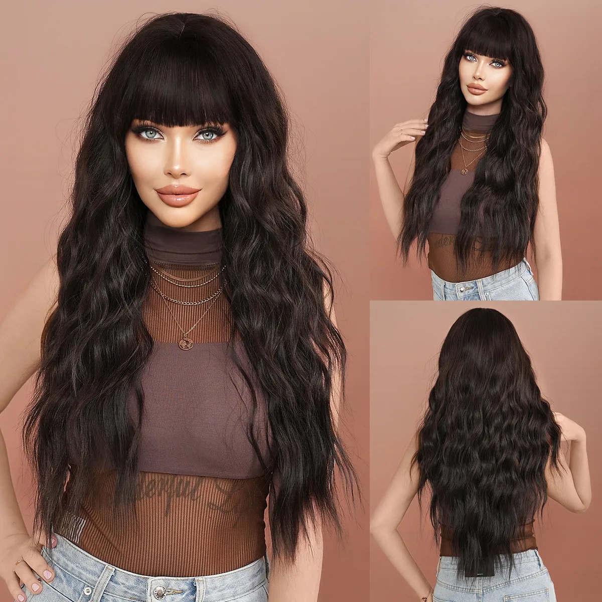 European and American wig women natural black big wave long hair Qi bangs mechanism chemical fiber full head cover Black Wigs
European and American wig women natural black big wave long hair Qi bangs mechanism chemical fiber full head cover Black Wigs