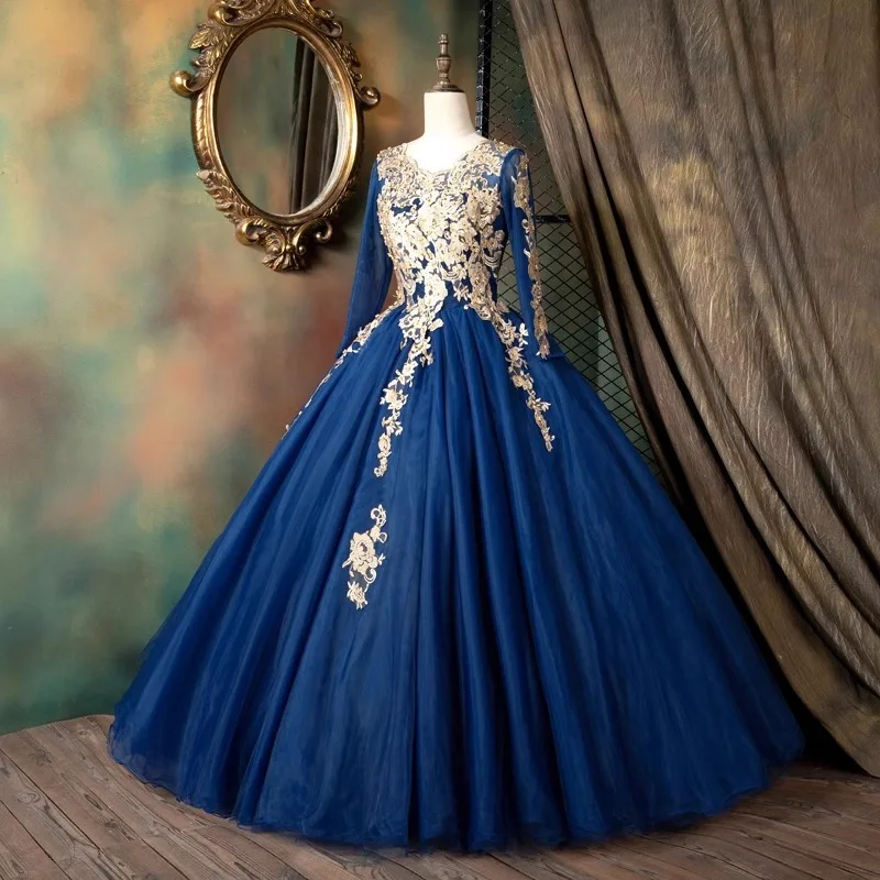 Long Sleeve Blue Ball Gown Evening Dresses Appliques A-Line Prom Birthday Party Gowns Formal Vestido De Noche Abenkleider
Long Sleeve Blue Ball Gown Evening Dresses Appliques A-Line Prom Birthday Party Gowns Formal Vestido De Noche Abenkleider