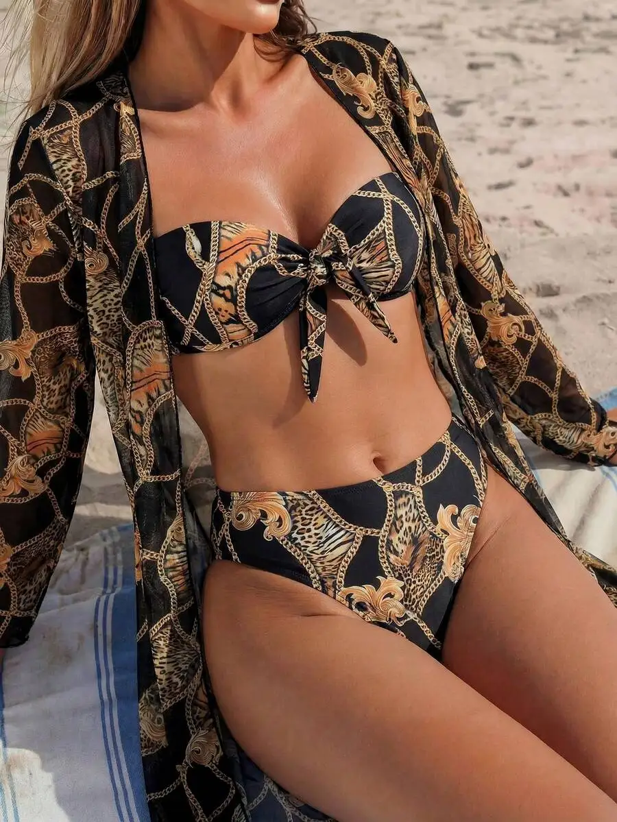 Womens 3-Piece Beach Set: Push-Up Bandeau Top, Scarf Tie, Low-Rise Printed Chiffon Sarong Bikini Bottom
Womens 3-Piece Beach Set: Push-Up Bandeau Top, Scarf Tie, Low-Rise Printed Chiffon Sarong Bikini Bottom