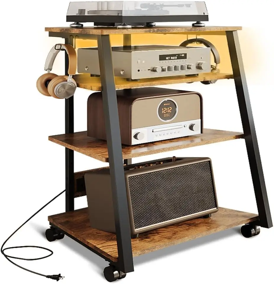 4-Tier Media Stand for Record Player Storage, Audio Rack with LED Lights in Black
4-Tier Media Stand for Record Player Storage, Audio Rack with LED Lights in Black