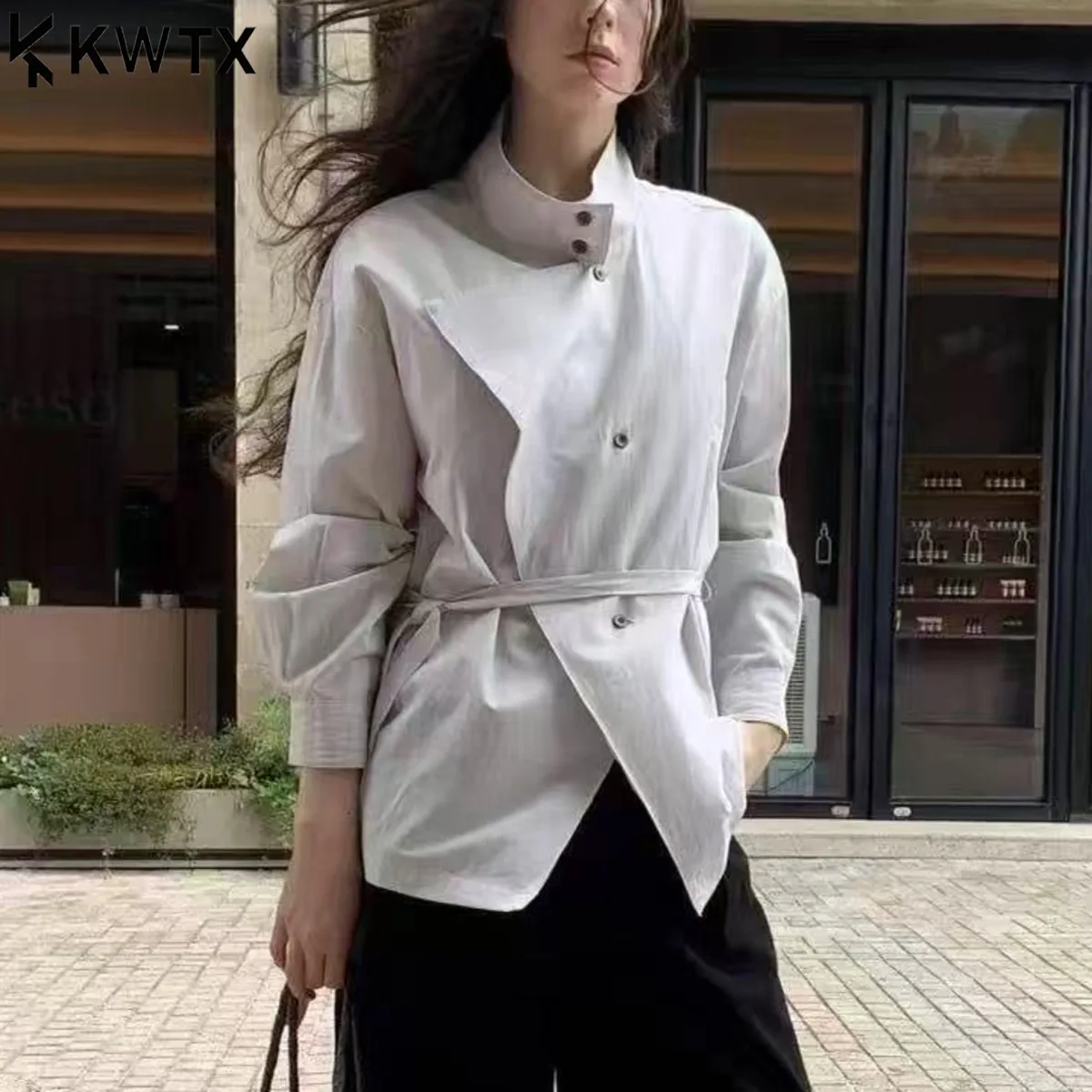 KWTX Elegant Asymmetrical Shirt Women Stand Collar Oblique Placket Belted Waist Casual Office Wear Slim Fit Blouse 2025 Fashion
KWTX Elegant Asymmetrical Shirt Women Stand Collar Oblique Placket Belted Waist Casual Office Wear Slim Fit Blouse 2025 Fashion