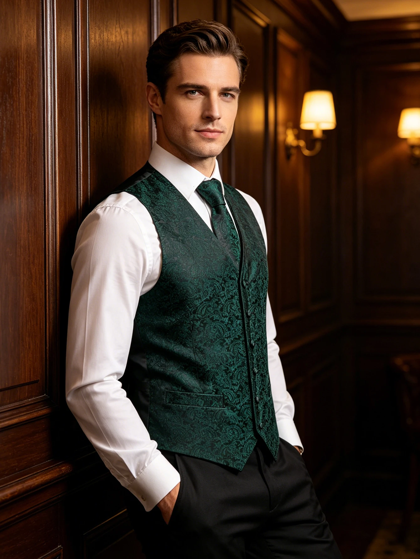 Dark Green Paisley Jacquard V-Neck Vest 4Pcs Set Tie Pocket Square Cufflinks For Evening Stage Performance Carnival Party
Dark Green Paisley Jacquard V-Neck Vest 4Pcs Set Tie Pocket Square Cufflinks For Evening Stage Performance Carnival Party